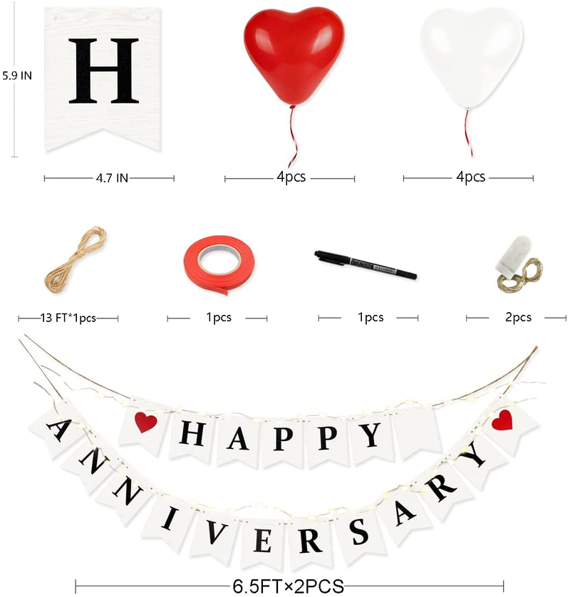 Pinkblume Happy Anniversary Banner Sign Wood Bunting Garland Streamer White and Red Love Heart Balloon and LED String Light for Vintage Rustic Wedding Anniversary Party Decorations Supplies
