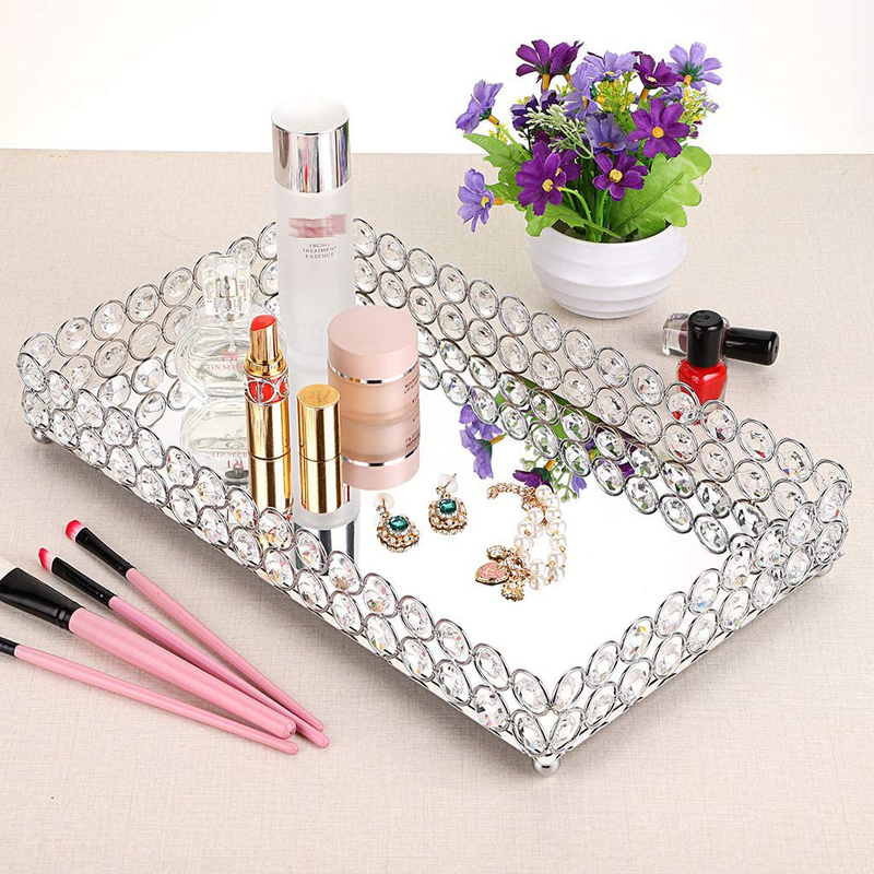 Hipiwe Crystal Cosmetic Makeup Tray - Large Mirrored Vanity Tray Jewelry Trinket Organizer TrayTray Home Decorative Dresser Tray Bathroom Tray, 13.7"x 7.87" Home & Garden > Decor > Decorative Trays Hipiwe   