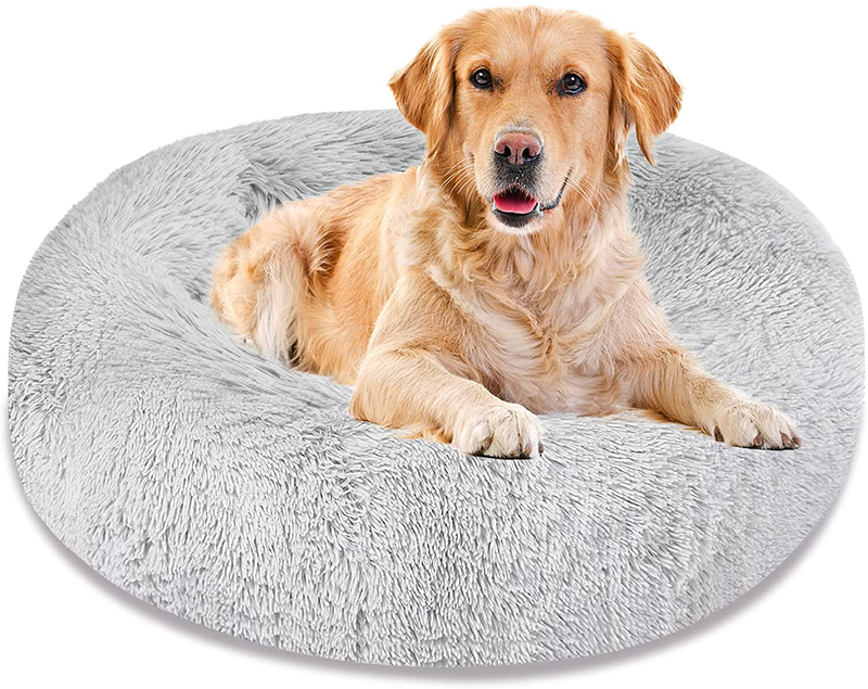 Dog Bed & Cat Bed, Calming Anti-Anxiety Donut Dog Cuddler Bed, Machine Washable round Pet Bed, Comfy Faux Fur Plush Dog Cat Bed for Small Medium Large Dogs and Cats Animals & Pet Supplies > Pet Supplies > Dog Supplies > Dog Beds Uneam light grey 36" x 36" 
