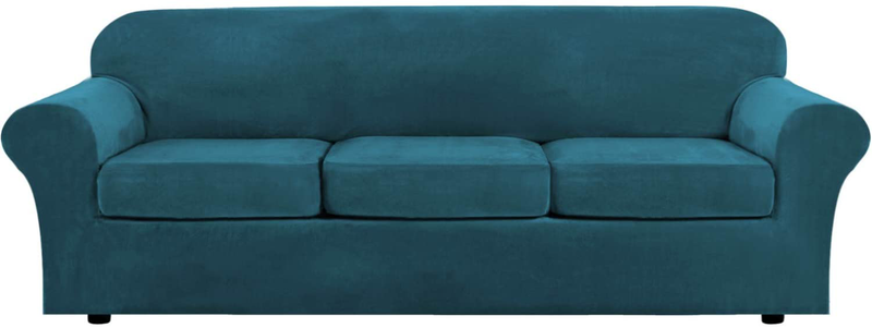 Modern Velvet Plush 4 Piece High Stretch Sofa Slipcover Strap Sofa Cover Furniture Protector Form Fit Luxury Thick Velvet Sofa Cover for 3 Cushion Couch, Machine Washable(Sofa,Peacock Blue) Home & Garden > Decor > Chair & Sofa Cushions H.VERSAILTEX Deep Teal X-Large 
