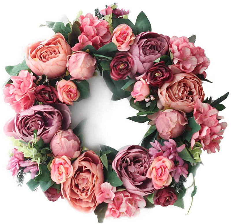 LASPERAL Peony Wreath - 15" Flower Wreaths for Front Door Peonies Wreath with Green Leaves Spring Wreath for Halloween, Christmas, Wedding, Wall, Home Decor Home & Garden > Plants > Flowers LASPERAL   