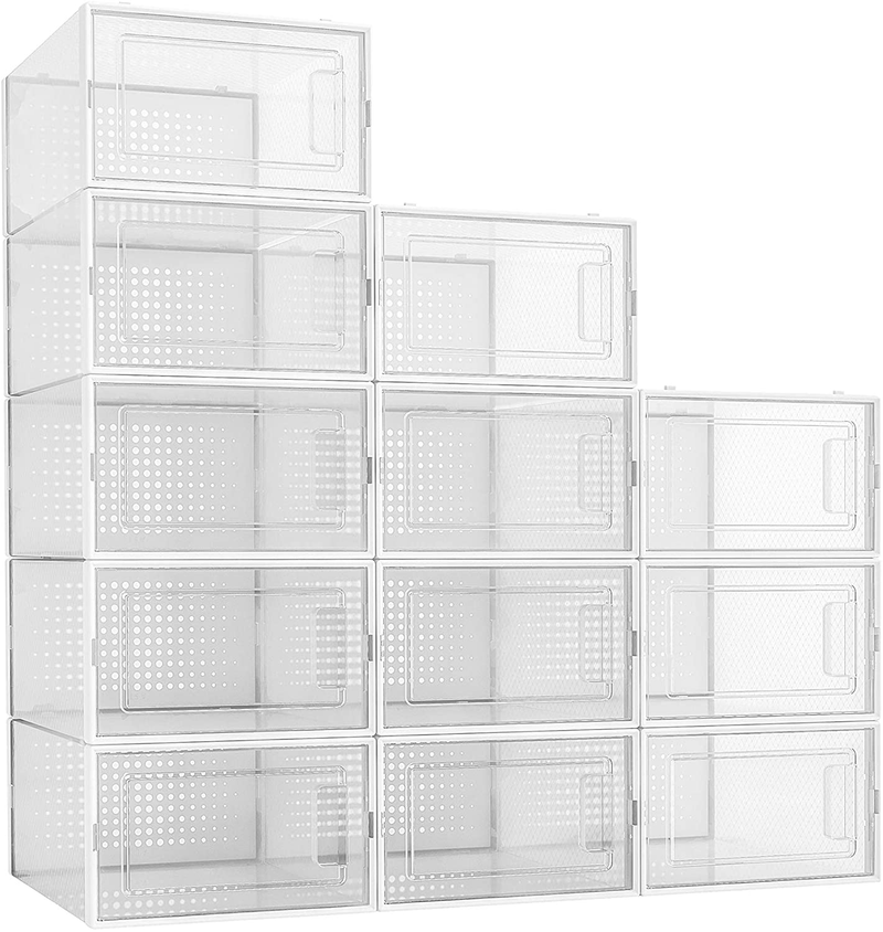 Qualiapex Shoe Storage Boxes, Clear Plastic Stackable Shoe Organizer, Foldable Storage Bins Shoe Container Box, 12 Pack - White Furniture > Cabinets & Storage > Armoires & Wardrobes QualiapeX Clear White  