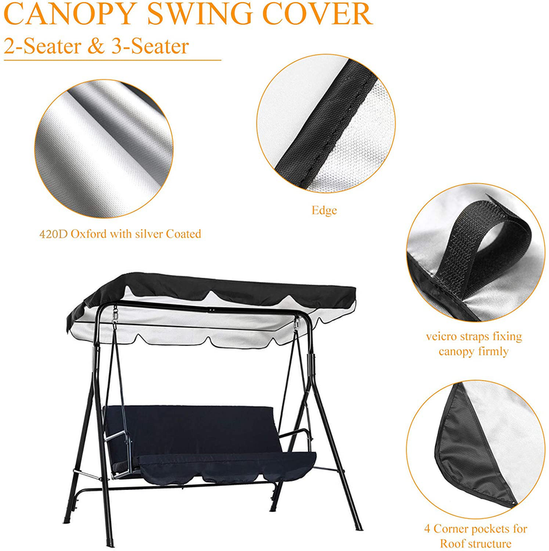 Persever Patio Swing Canopy Replacement Cover, Garden Swing Canopy Top Cover, Swing Chair Awning, Unique Velcro Design Windproof Black 77"x43"x5.9"