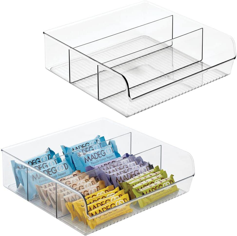 Mdesign Plastic Food Storage Bin Organizer with 3 Compartments for Kitchen Cabinet, Pantry, Shelf, Drawer, Fridge, Freezer Organization - Holds Snack Bars - Ligne Collection - 2 Pack - Clear