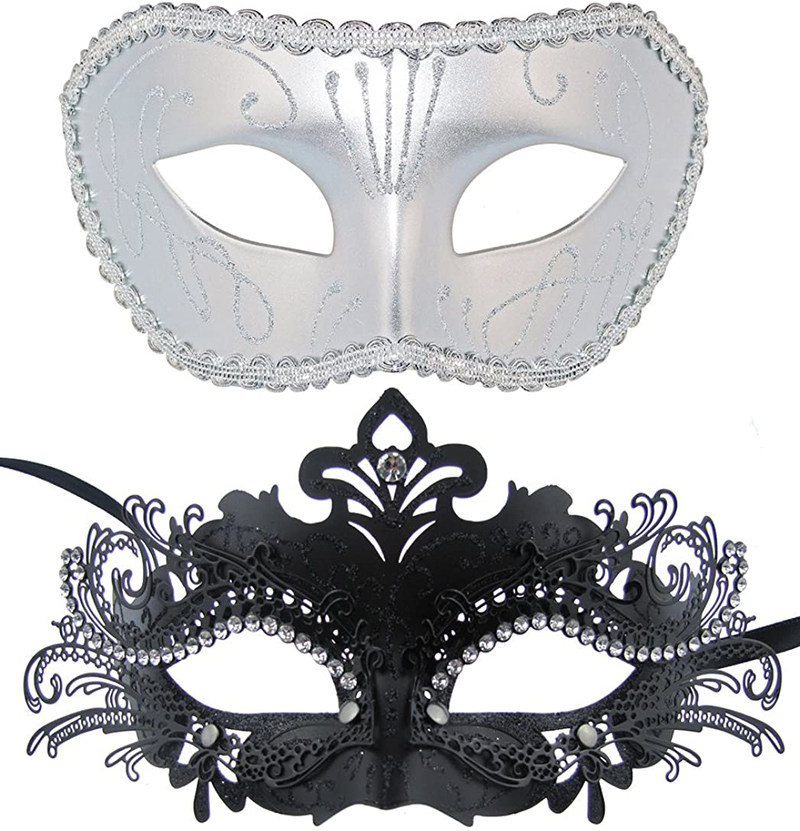 Couple Masquerade Metal Masks Venetian Halloween Costume Mask Mardi Gras Mask Apparel & Accessories > Costumes & Accessories > Masks Coddsmz Black+sliver-2  