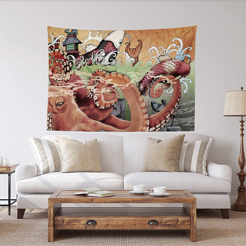 Spanker Space Ukiyoe Red White and Blue Japanese Mythical Creature The Great Waves Godzilla Fabric Tapestry 60 x 80 inches Wall Hangings with Hanging Accessories for Wall Art Home Dorm Decor Home & Garden > Decor > Artwork > Decorative Tapestries SPANKER SPACE Mysterious Octopus 48" L x 60" W 