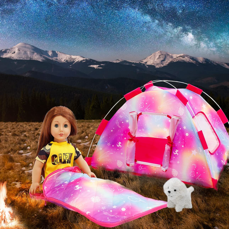HOAKWA American 18 Inch Girl Dolls Camping Tent Accessories Set - Include Doll Camping Tent, Sleeping Bag, Camera, Doll Backpack, Toy Dog - 18" Doll Accessories Fits My Life, Generation, Journey Dolls Sporting Goods > Outdoor Recreation > Camping & Hiking > Tent Accessories HOAKWA   