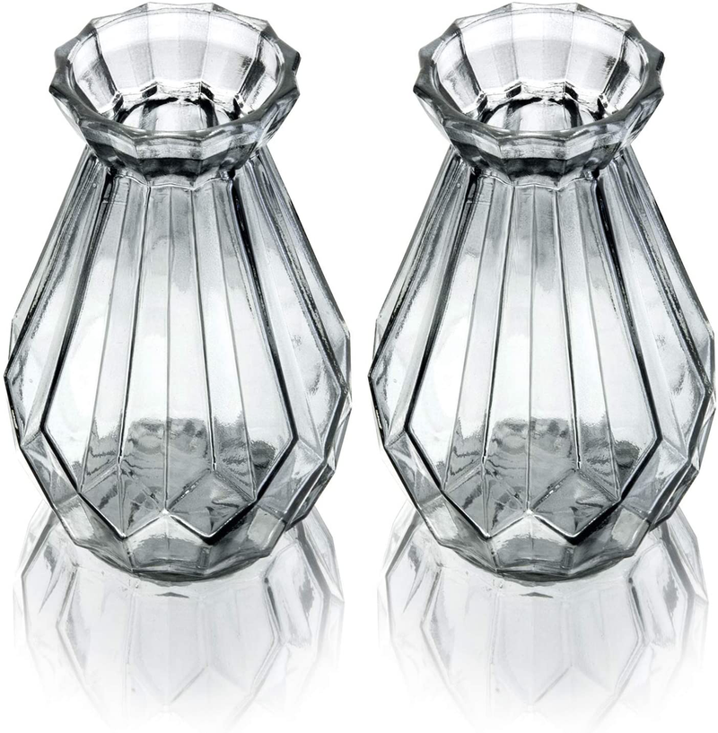 MyGift 6 Inch Decorative Clear Gray Glass Diamond-Faceted Flower Vases, Set of 2