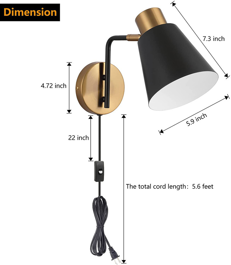KOONTING Plug in Wall Sconce Set of 2, Modern Rotatable Wall Lamp with Plug-In Cord and On/Off Toggle Switch, Metal Shade Wall Light Fixture for Headboard Bedroom Living Room