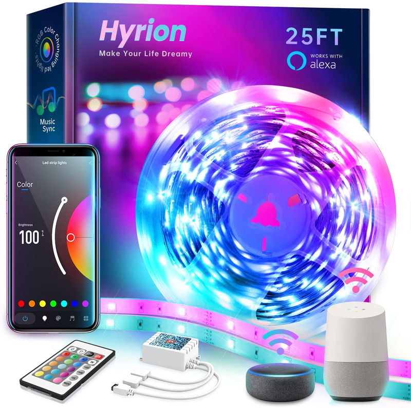 Hyrion 50Ft Smart Led Strip Lights for Bedroom, Sound Activated Color Changing with Alexa and Google, Music Sync RGB Led Lights with App Controlled for Room Decoration(2 Rolls of 25Ft)