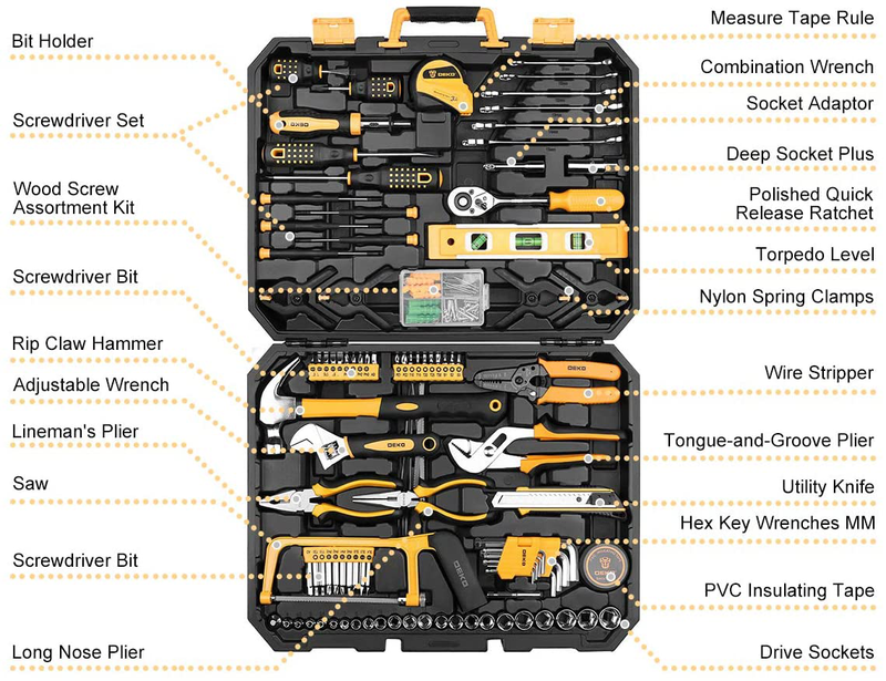 DEKOPRO 168 Piece Socket Wrench Auto Repair Tool Combination Package Mixed Tool Set Hand Tool Kit with Plastic Toolbox Storage Case Hardware > Tools > Tool Sets DEKOPRO   