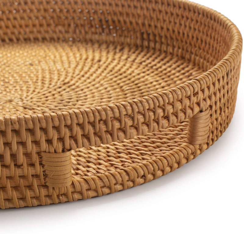 Coffee Table Tray Round Rattan Ottoman Tray Woven Serving Trays with Handles for Home and Kitchen Decorative Natural（Large 14 inch x 2.8 inch） Home & Garden > Decor > Decorative Trays DECRAFTS   