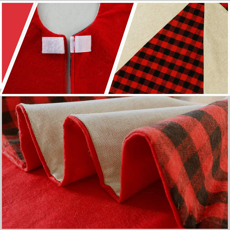 Ivenf Christmas Tree Skirt, 48 inches Buffalo Plaid with Burlap, Rustic Xmas Holiday Decoration, Red and Black
