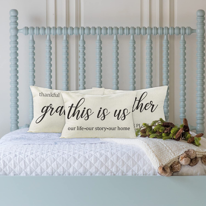 GROBRO7 4Pcs Farmhouse Pillow Covers with Text Thankful Grateful Blessed and Together Is My Favorite Place to Be Cushion for Couch Home Linen Cloth Pillow Cases Home Outdoor Decor in 12"X 20" Home & Garden > Decor > Chair & Sofa Cushions GROBRO7   