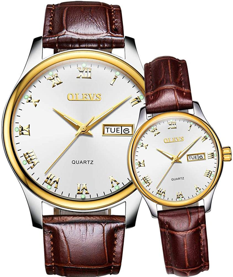 OLEVS Valentines Couple Pair Quartz Watches Luminous Calendar Date Window 3ATM Waterproof, Casual Stainless Steel His and Hers Wristwatch for Men Women Lovers Wedding Romantic Gifts Set of 2 Home & Garden > Decor > Seasonal & Holiday Decorations OLEVS White dial & Gold bezel & Retro Brown band  
