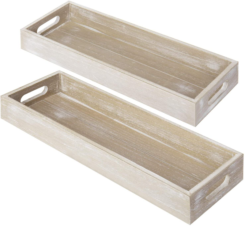 MyGift 16 x 6 Inch Rustic Wood Decorative Rectangular Serving Display Trays with Cutout Handles, Set of 2