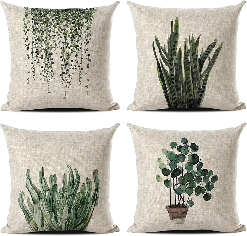 MENGT Set of 4 Green Plant Throw Pillow Covers Decorative Line Outdoor Cushion Cover Sofa Home Pillow Covers 18X18… Home & Garden > Decor > Chair & Sofa Cushions MENGT   