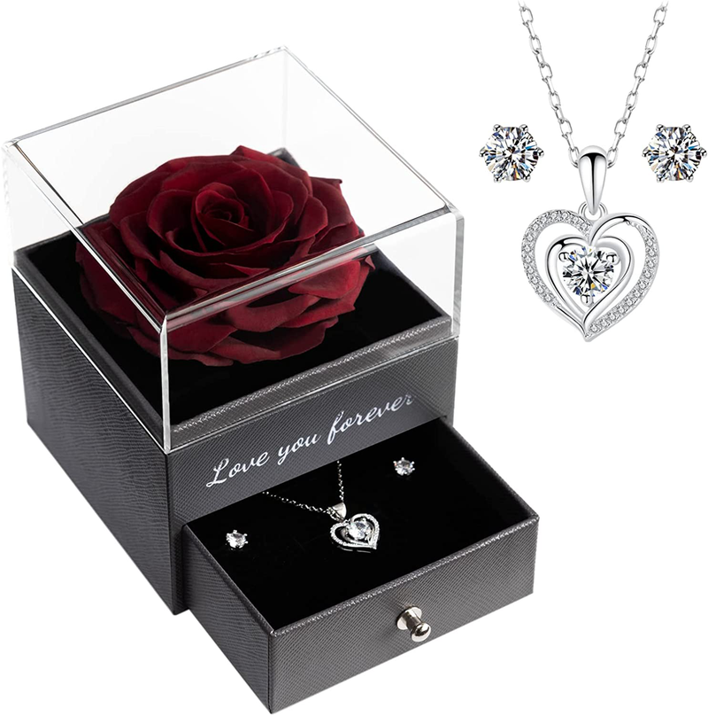 Preserved Real Rose with Necklace in a Box, Eternal Real Flower for Anniversary Valentines Day Mother'S Day, Love You Forever Gifts for Her Women Girl