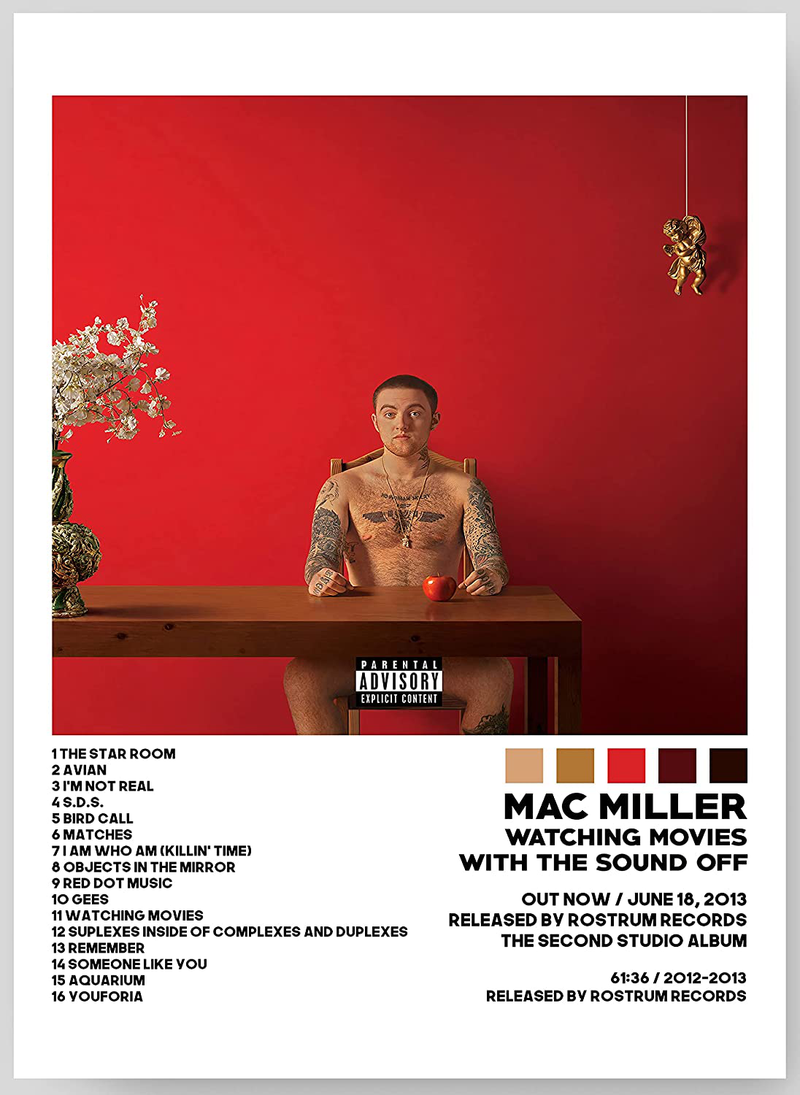 Mac Miller - Watching Movies with the Sound off Album Cover Poster Print with Track List and Color Tiles - 11" X 17" Inches Ready to Frame - Wall Art Home & Garden > Decor > Artwork > Posters, Prints, & Visual Artwork Printer's Row & Co.   