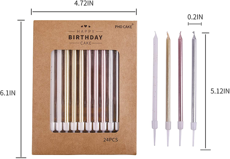 PHD CAKE 24-Count Long Birthday Candles in Holders in Gold Silver Rose Gold White Home & Garden > Decor > Home Fragrances > Candles PHD CAKE   