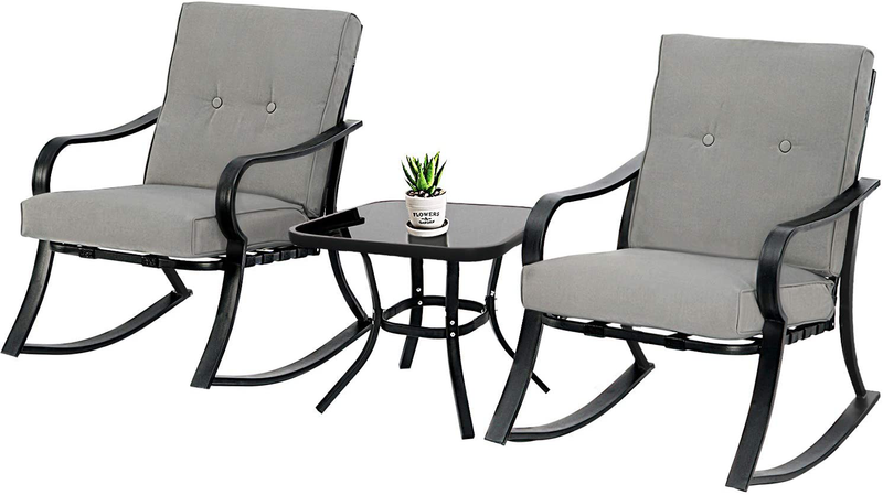 SOLAURA 3-Piece Outdoor Rocking Chairs Bistro Set, Black Steel Patio Furniture with Brown Thickened Cushion & Glass-Top Coffee Table Sporting Goods > Outdoor Recreation > Camping & Hiking > Camp Furniture SOLAURA Gray  