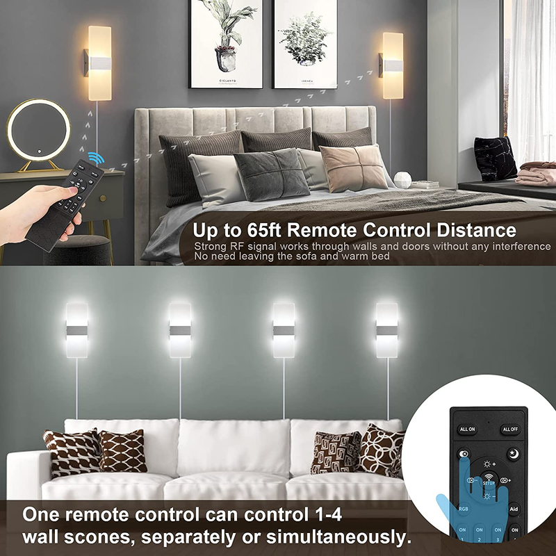 ENCOMLI Plug in Wall Sconces with Stepless Adjustable 3000K-6500K Colors and 10%-100% Brightness, Sconces Wall Lighting with Remote Control 12W Acrylic LED Wall Lamp with 6FT Plug in Cord, 1 Pack