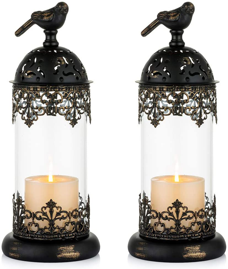 NUPTIO 2 Pcs Vintage Pillar Candle Holders Moroccan Wrought Iron Hurricane Candle Holder Ornate Centerpiece for Mantlepiece Decorations, Candlestick Holders for Table Living Room Balcony Garden Home & Garden > Decor > Home Fragrance Accessories > Candle Holders NUPTIO Black 2 x L 