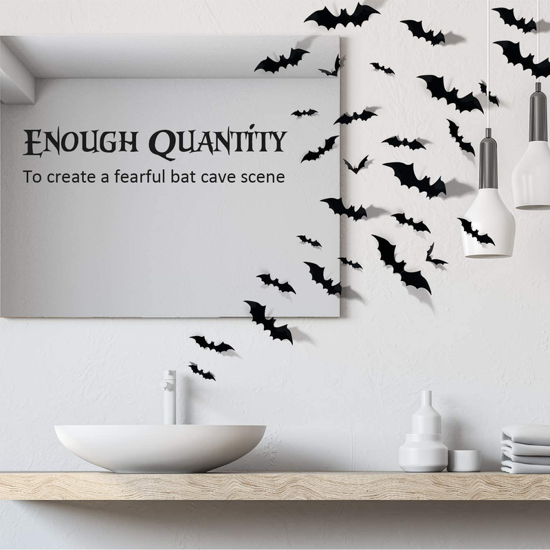 Coogam 60PCS Halloween 3D Bats Decoration 2021 Upgraded, 4 Different Sizes Realistic PVC Scary Black Bat Sticker for Home Decor DIY Wall Decal Bathroom Indoor Hallowmas Party Supplies