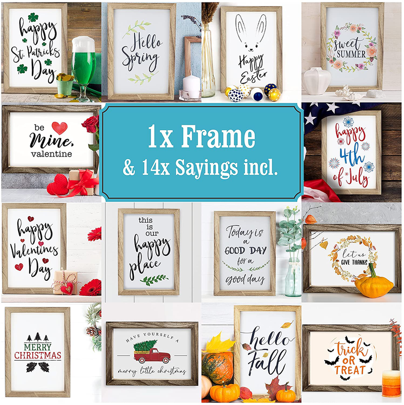 Farmhouse Wall Decor Signs for Valentines and St Patricks Day Decor with Interchangeable Sayings - 11X16” Rustic Wood Picture Frame with 14 Designs - Easy to Hang Indoor Decorations for Your Home