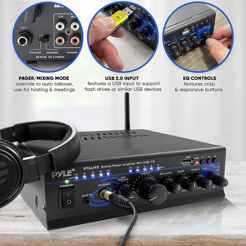 Portable Home Audio Power Amplifier - 2X120 Watt, 2 Channel Surround Sound Stereo Receiver w/ USB IN - For Amplified Subwoofer Speaker, CD DVD, MP3, iPhone, Phone, Theater, PA System - Pyle PTAU45 Electronics > Audio > Audio Components > Audio Amplifiers Pyle   