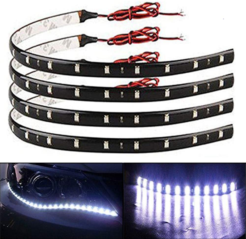 EverBright 4-Pack Red 30CM 5050 12-SMD DC 12V Flexible LED Strip Light Waterproof Car Motorcycles Decoration Light Interior Exterior Bulbs Vehicle DRL Day Running with Built-in 3M Tape  YM E-Bright White  
