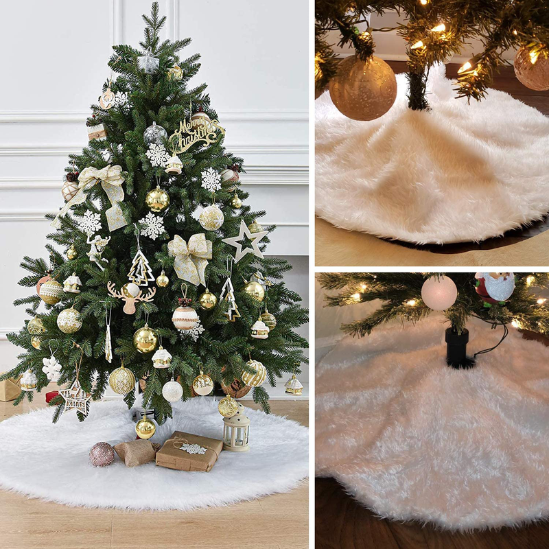 Christmas Tree Skirt, 48 Inch Snowy White Faux Fur Xmas Plush Tree Skirt, Winter Large Christmas Tree Mat, Holiday Party Christmas Tree Decorations