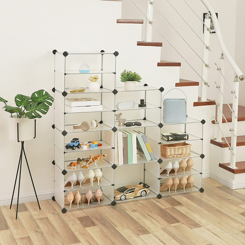 SONGMICS 8-Tier Shoe Rack, 32-Pair Plastic Shoe Clothes Storage Organizer Unit with Dividers, Ideal for Closet, Living Room and Corridor, 48.4 L X 12.2 W X 36.6 H Inches White ULPC501W Furniture > Cabinets & Storage > Armoires & Wardrobes SONGMICS   