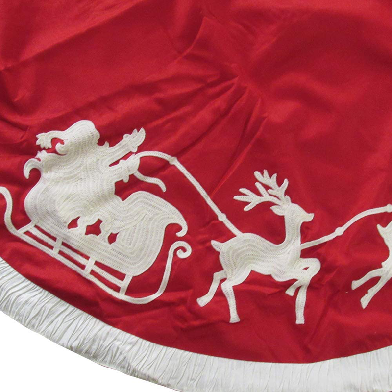 Kurt Adler - 50" Red and White Embroidered Santa and Reindeer Tree Skirt
