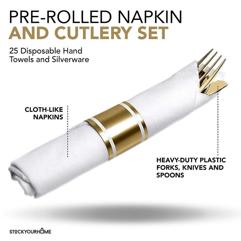 Pre Rolled Napkin and Cutlery Set 25 Pack Disposable Silverware for Catering Events, Parties, and Weddings (Gold) Home & Garden > Kitchen & Dining > Tableware > Flatware > Flatware Sets Stock Your Home   
