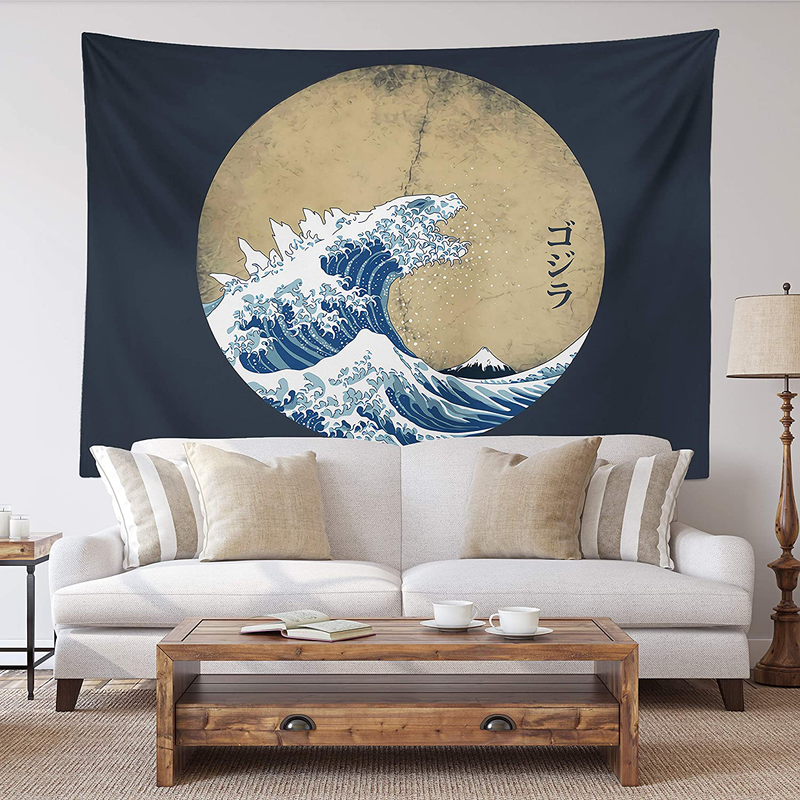 Spanker Space Ukiyoe Red White and Blue Japanese Mythical Creature The Great Waves Godzilla Fabric Tapestry 60 x 80 inches Wall Hangings with Hanging Accessories for Wall Art Home Dorm Decor Home & Garden > Decor > Artwork > Decorative Tapestries SPANKER SPACE Godzilla Blue 60" L x 80" W 