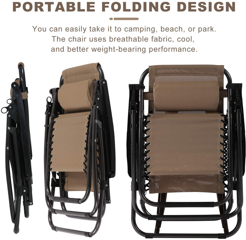 HCY Zero Gravity Chairs Outdoor Adjustable Recliner Chair Folding Lounge Patio Chairs with Cup Holder Pillows Set of 2 for Beach, Yard, Lawn, Camp (Tan) Sporting Goods > Outdoor Recreation > Camping & Hiking > Camp Furniture HCY   