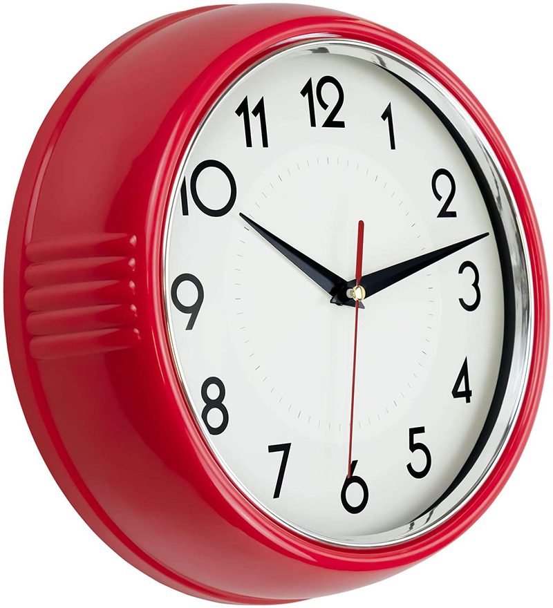 Lumuasky Retro Wall Clock 9.5 Inch Red Kitchen 50's Vintage Design Round Silent Non Ticking Battery Operated Quality Quartz Clock Home & Garden > Decor > Clocks > Wall Clocks Lumuasky Silver Red  