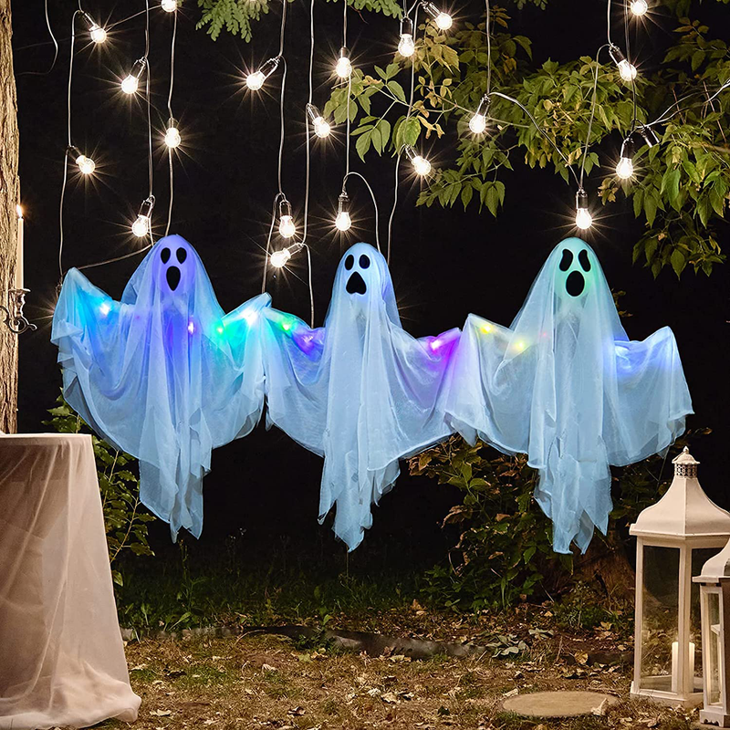 HOLLO STAR 3 Pack Halloween Decorations Light Up Hanging Ghost with Bendable Arms, Party Favors Holiday Prop Decor, Indoor Outdoor for Patio Garden Yard Decoration