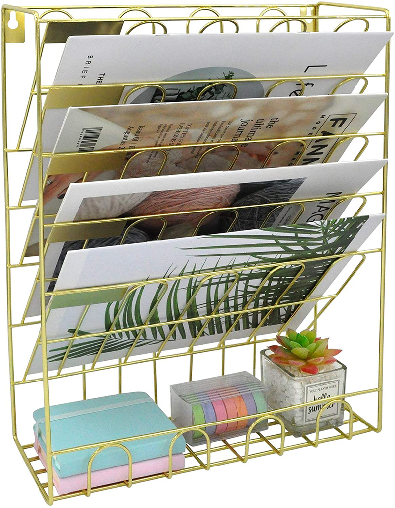 COSYAWN Hanging File Organizer - 6 Tier Wall Mount File Folder Organizer for Women, Mail Organizer for Wall, Vertical Desk Décor Accessories for Office, School or Home, Rose Gold Home & Garden > Decor > Seasonal & Holiday Decorations COSYAWN Update Gold  