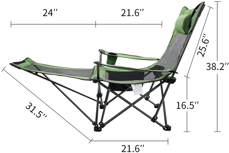 METKIIO Portable Camping Chair with Adult Detachable Footrest Mesh Folding Recliner, Can Sit and Lie Down, with Cup Holder and Storage Mesh Bag, Net Weight 9.5 Pounds, Heavy Support 330Lbs, Green Sporting Goods > Outdoor Recreation > Camping & Hiking > Camp Furniture METKIIO   