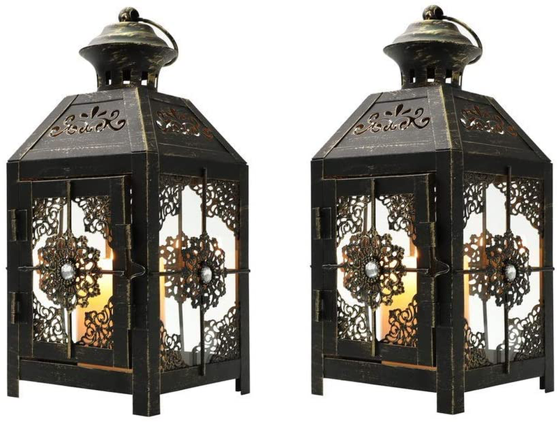 JHY DESIGN Set of 2 Decorative Candle Lantern 9.5''High Metal Candle Lantern Vintage Style Hanging Lantern for Wedding Parties Indoor Outdoor(Black with Gold Brush)