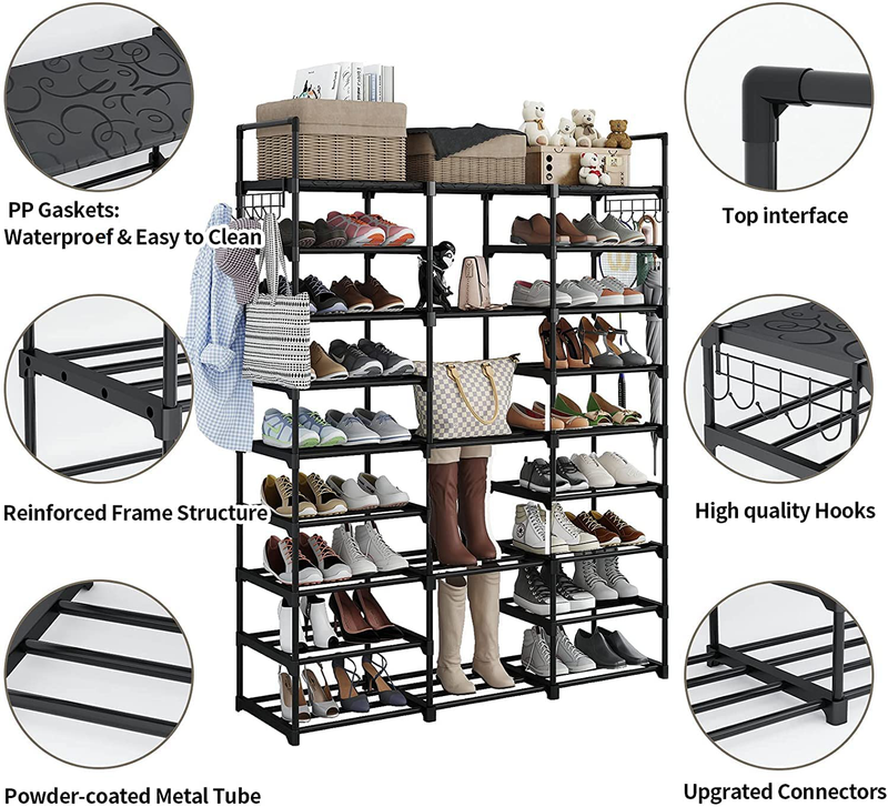 Finew 9 Tier Shoe Rack Shoe Organizer Shelf, Shoe Storage Rack for Entryway, 50-55 Pairs Shoe and Boots Shoe Organizer Tower Durable Black Metal Stackable Shoe Cabinet with Hooks, Hammer Furniture > Cabinets & Storage > Armoires & Wardrobes Finew   