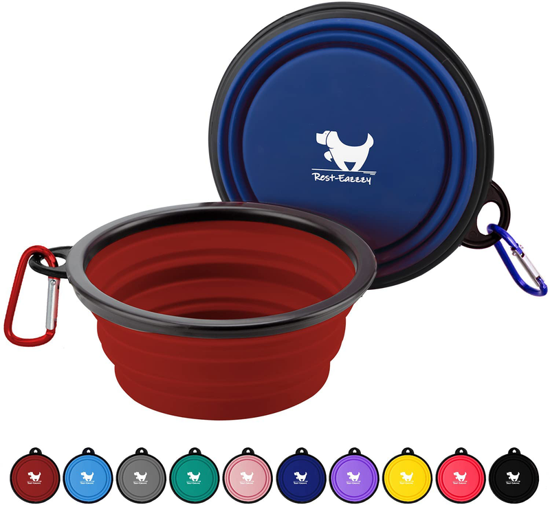 Rest-Eazzzy Expandable Dog Bowls for Travel, 2-Pack Dog Portable Water Bowl for Dogs Cats Pet Foldable Feeding Watering Dish for Traveling Camping Walking with 2 Carabiners, BPA Free  Rest-Eazzzy red&navy Medium 