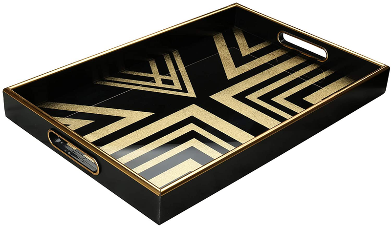 Serving Tray –Coffee Table Tray –Elegant Decorative Tray –PS and Printed Glass Table Tray –Practical and Sturdy Design–Easy to Clean and Washable–Ideal for Coffee,Breakfast,Dessert Home & Garden > Decor > Decorative Trays By gravitee Black and Gold 15.6 x 10 x 1.8 Inches 