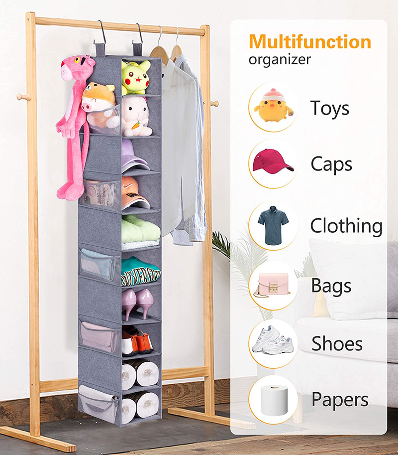MISSLO 10-Shelf Hanging Shoe Organizer for Closet Organizers and Storage Shelves Hat Rack for Closet with 10 Side Mesh Pockets for Shoes, Caps, Scarves, Folded Clothes and Toys, Grey Furniture > Cabinets & Storage > Armoires & Wardrobes MISSLO   