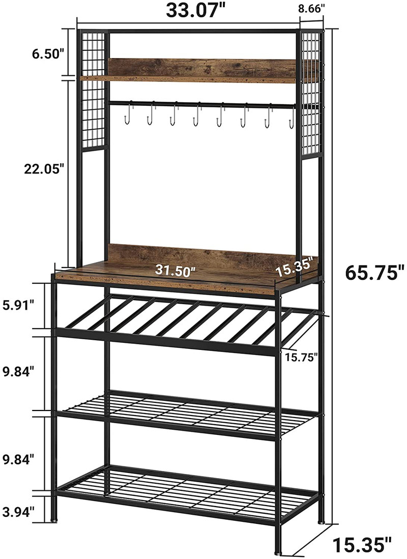 HAIOOU Kitchen Baker'S Rack, 5 Tier Microwave Oven Stand with Wine Rack and Mesh Panels, Industrial Kitchen Hutch with Storage, Free Standing Utility Organizer Shelf with 8 Hooks, Rustic Brown