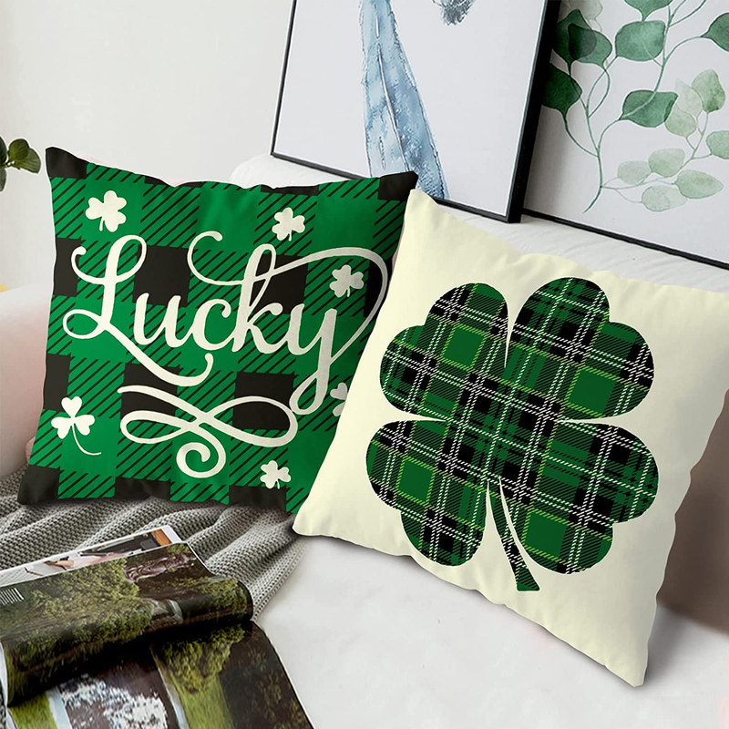 St Patricks Day Pillow Covers Decorations, 18X18 Set of 4 Throw Pillows Cover Lucky Green Shamrock Home Decor Ornaments for Irish Saint Patrick'S Day