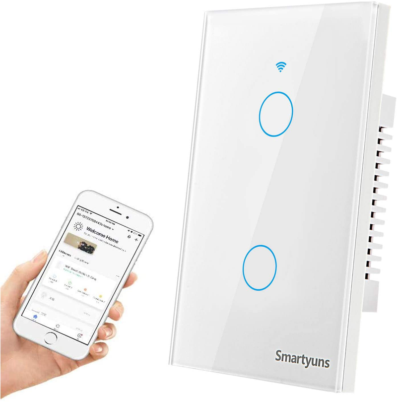 Smartyuns WiFi Smart Wall Light Switch White, Tempered Glass Panel Touch Light Switch 2 Gang Switch for 1 Gang Wall Box, Timer Function, Wireless Lighting Control (2 Gang Light Switch White) Home & Garden > Lighting Accessories > Lighting Timers Smartyuns 2 Gang-White  