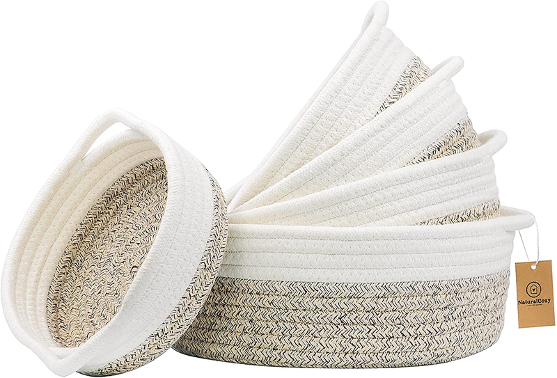 NaturalCozy 5-Piece Round Small Woven Baskets Set - 100% Natural Cotton Rope Baskets! Key Tray, Kids Montessori Toys, Bowl for Entryway, Jewelry Remote Fruits Desk Home Decor Shallow Catchall Baskets Home & Garden > Decor > Seasonal & Holiday Decorations NaturalCozy Mixed Brown  